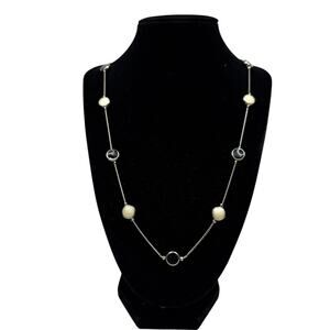 Fashion Station Necklace Silver Tone with Black Cream Enamel Discs Jewelry 30 in